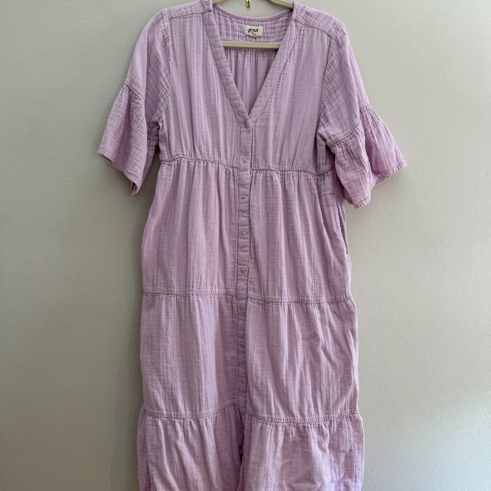 PACT Med Double Coastal Gauze Lavender Peasant Midi Dress Organic Cotton Pockets
